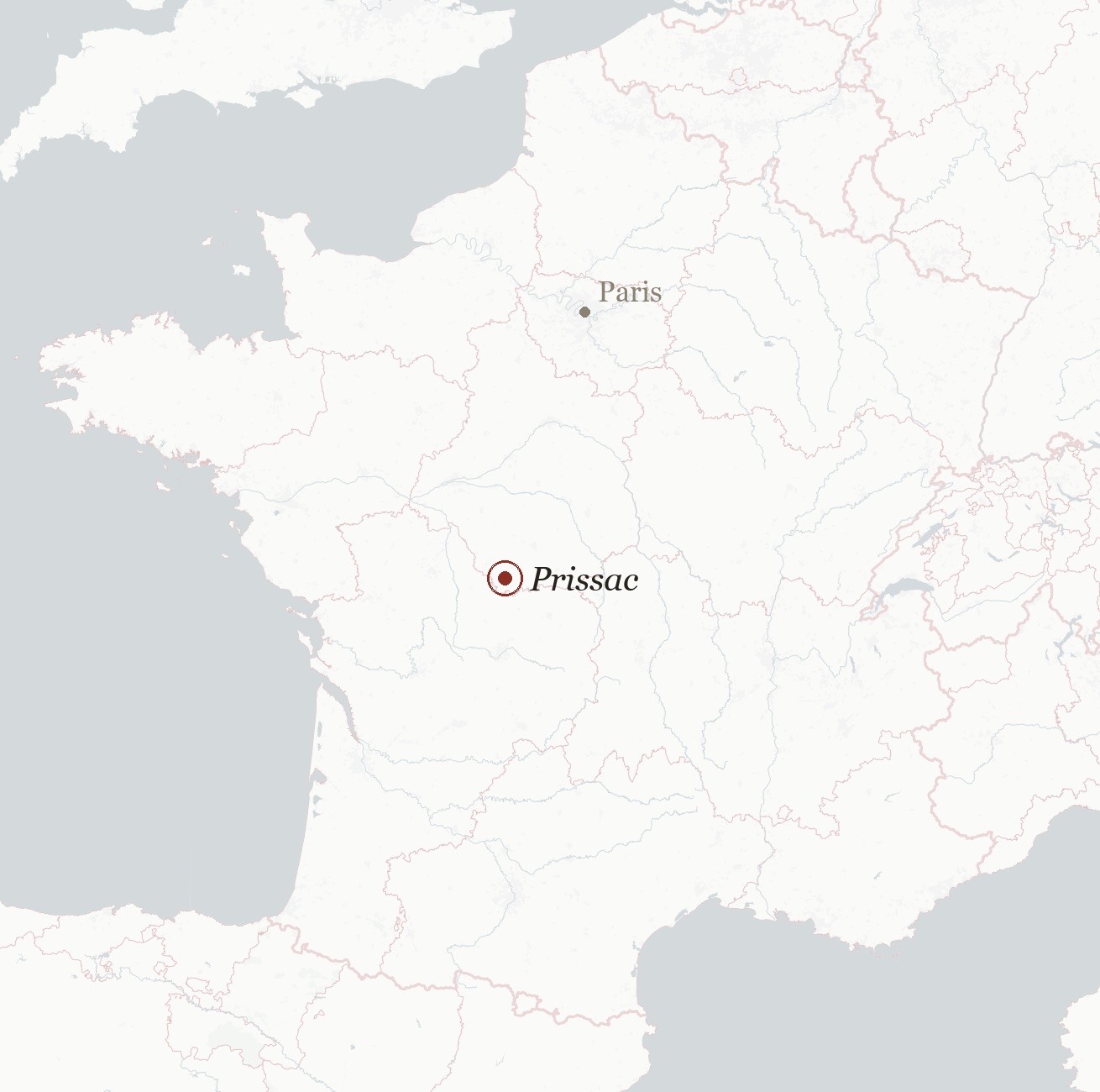 Map of France with Prissac ringed in the centre, south of Paris